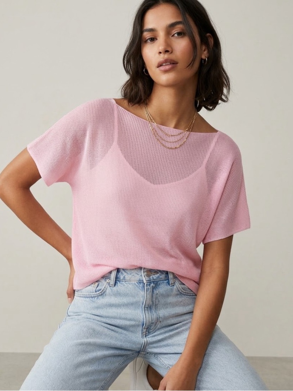 Zara Ribbed Pink Boat Neck See Through Casual Top , Large